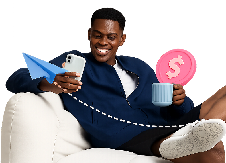 Happy customer with phone and coffee